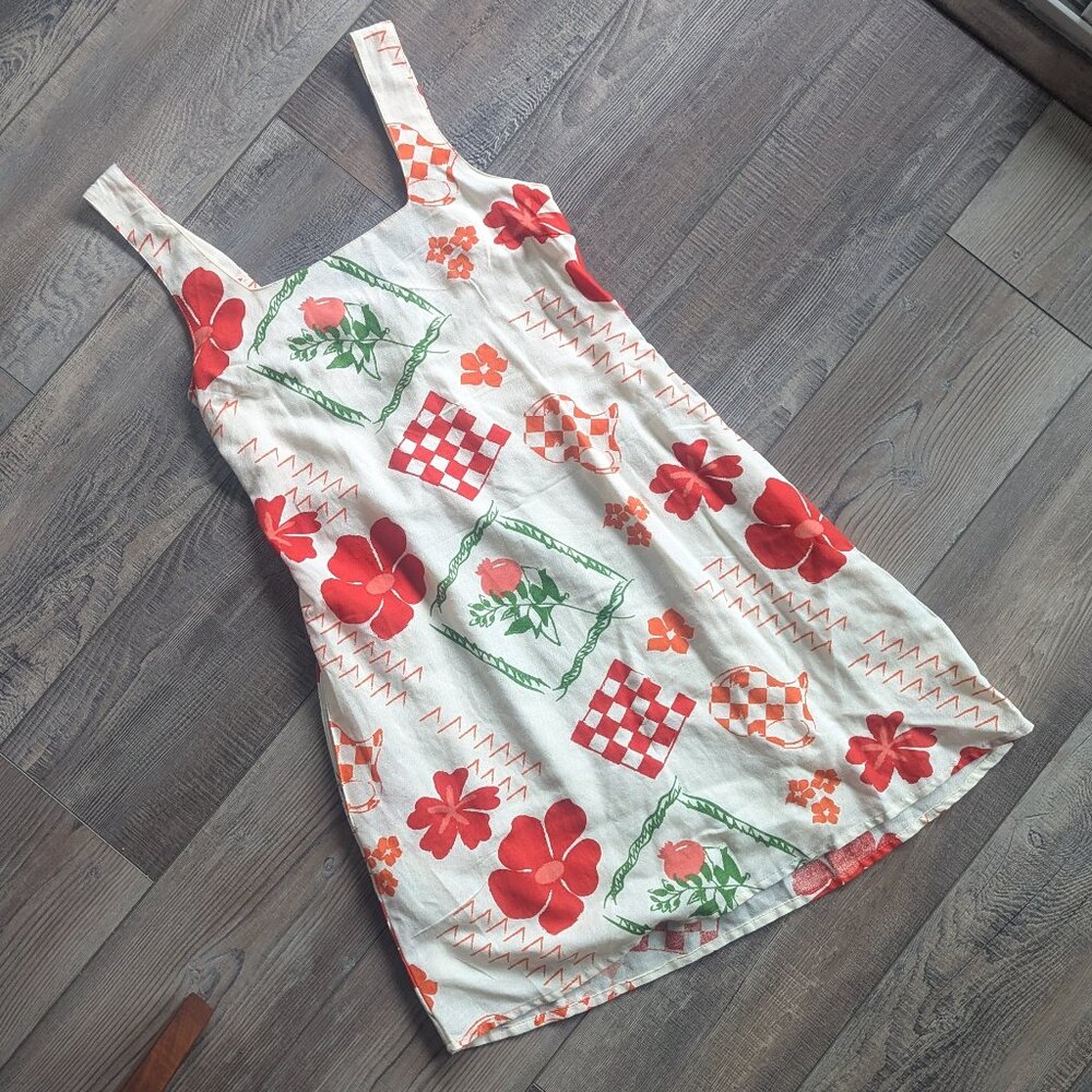 NWT Japna Women's Cotton Linen 60s Sheath Mini Dress in Picnic Pattern M